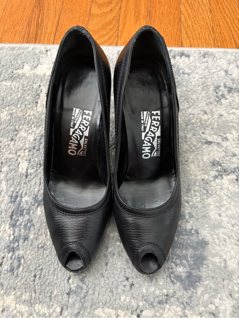 Salvatore Ferragamo Black Leather Peep-Toe Pumps, Size 6